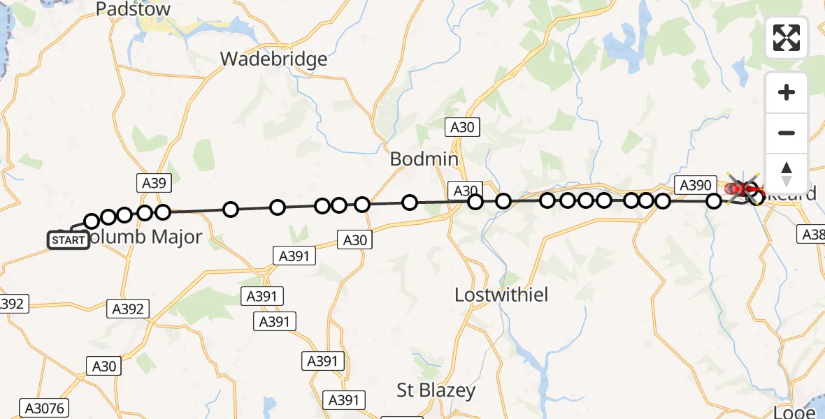 Flight path map showing Air Ambulance Helicopter route from Cornwall Airport Newquay to Dobwalls