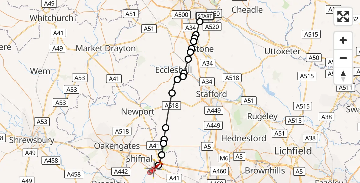 Flight path map showing Air Ambulance Helicopter route from Longton to Cosford