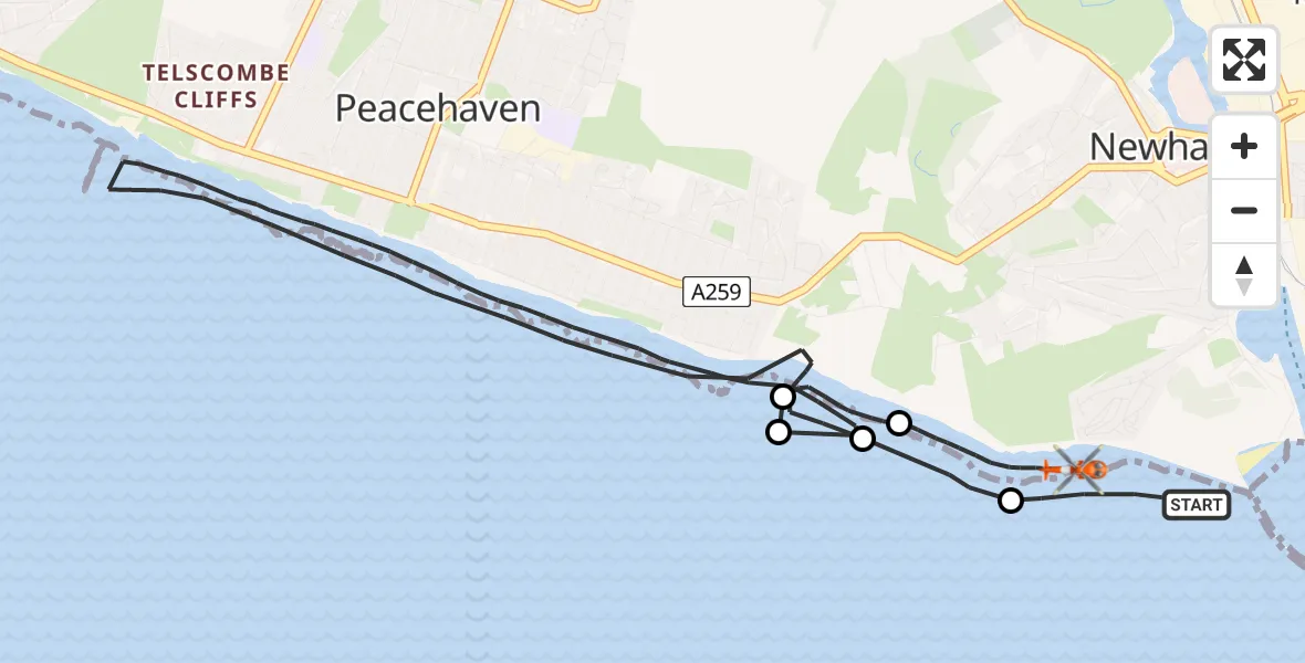 Flight path map showing Coastguard Helicopter route from Newhaven to Newhaven