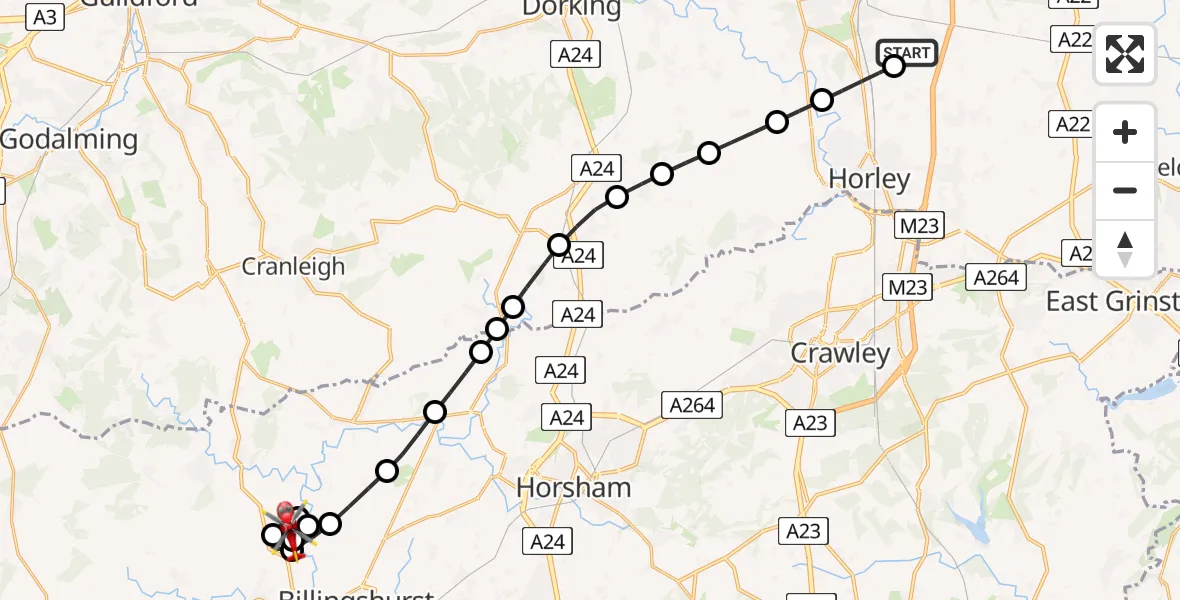 Flight path map showing Air Ambulance Helicopter route from Redhill Aerodrome to Loxwood