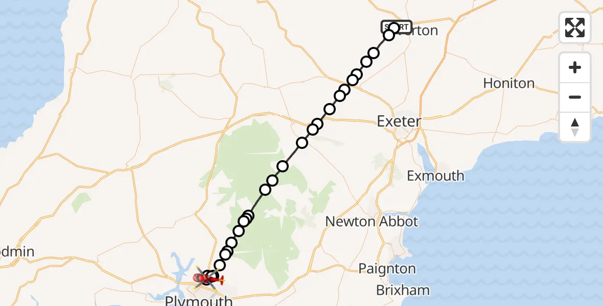 Flight path map showing Air Ambulance Helicopter route from Lower Washfield to Plymouth