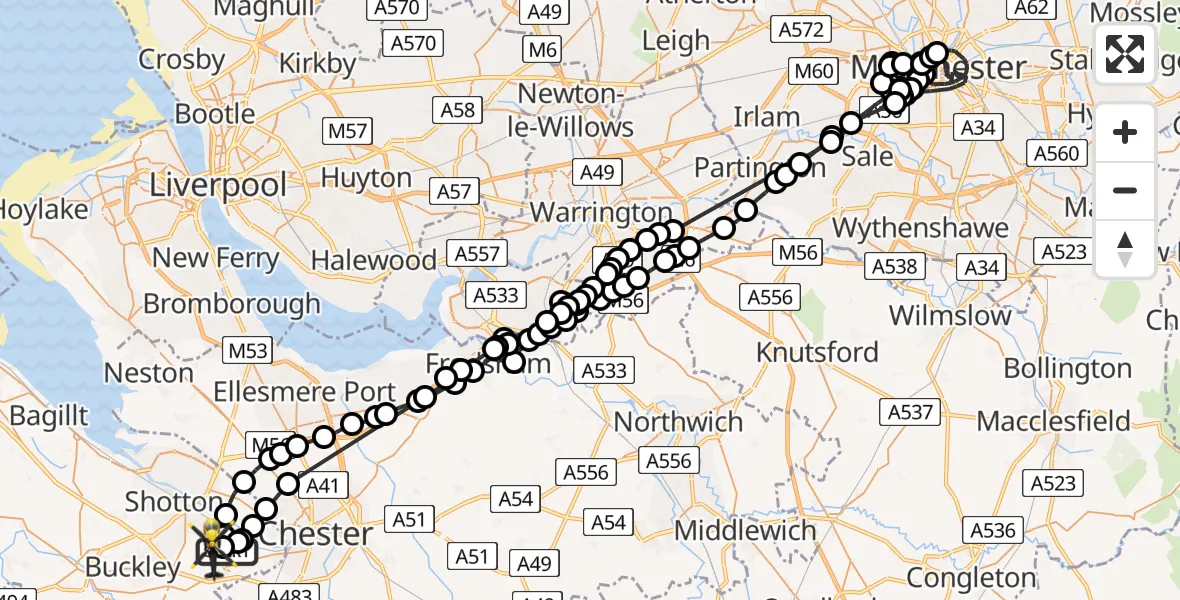 Flight path map showing Police Helicopter route from Hawarden Airport to Little Roodee