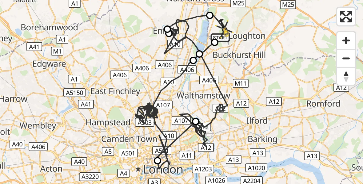 Flight path map showing Police Helicopter route from Sewardstonebury to Sewardstonebury