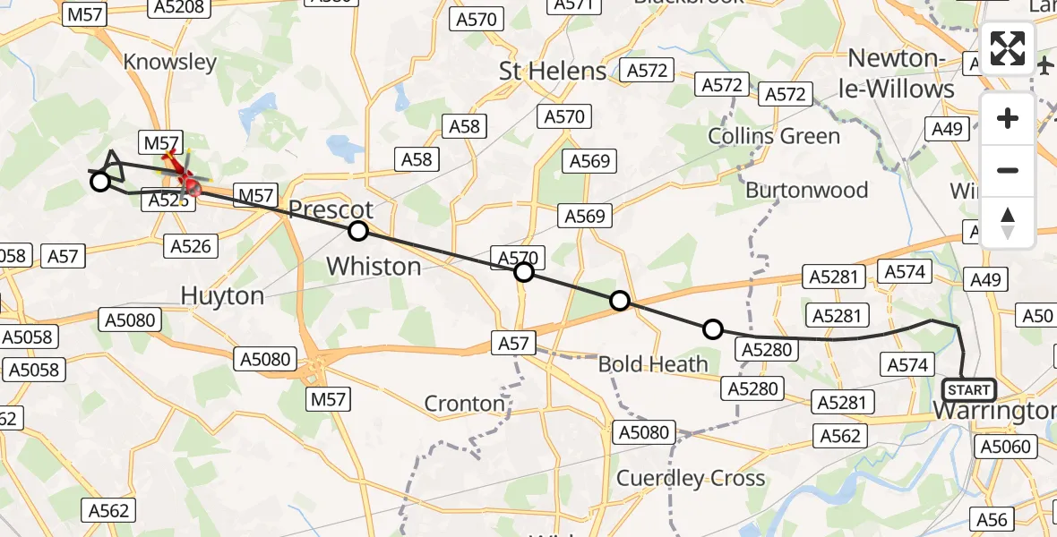 Flight path map showing Air Ambulance Helicopter route from Warrington to Knowsley