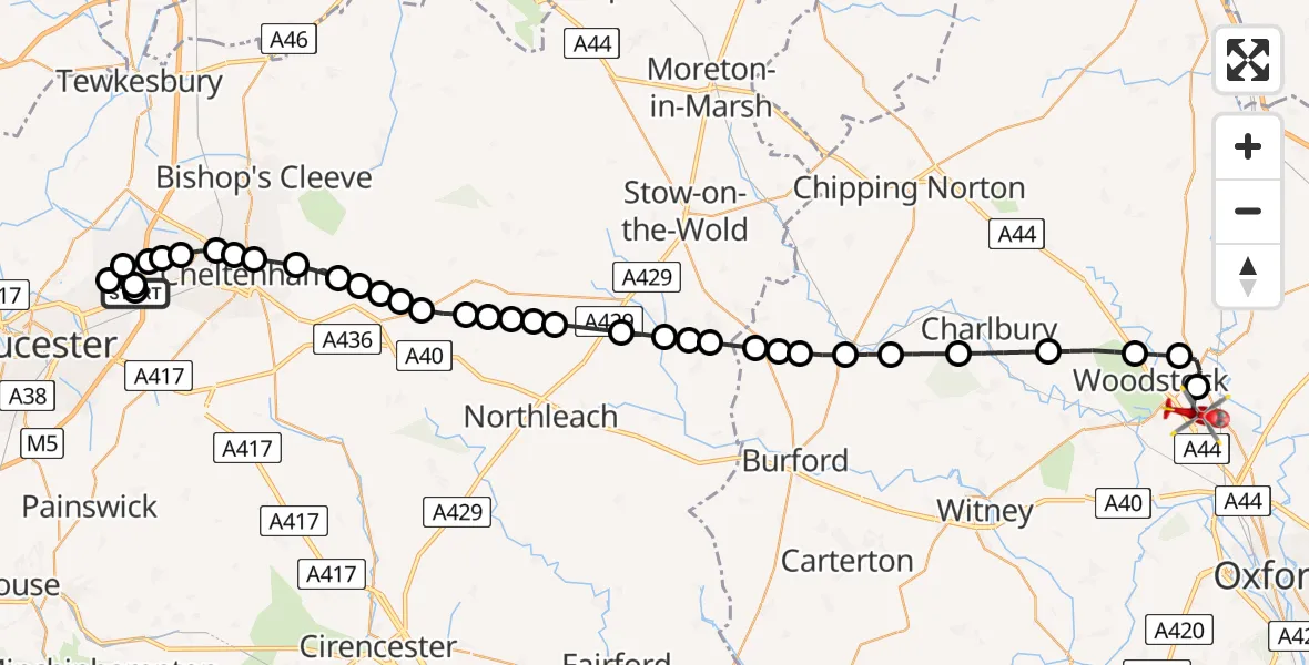 Flight path map showing Air Ambulance Helicopter route from Gloucestershire Airport to London Oxford Airport