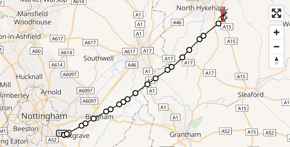 Flight path map showing Air Ambulance Helicopter route from Nottingham City Airport to North Kesteven