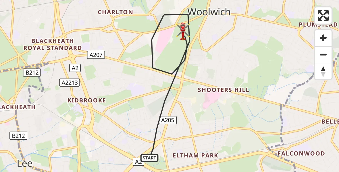 Flight path map showing Air Ambulance Helicopter route from Greater London to Greater London