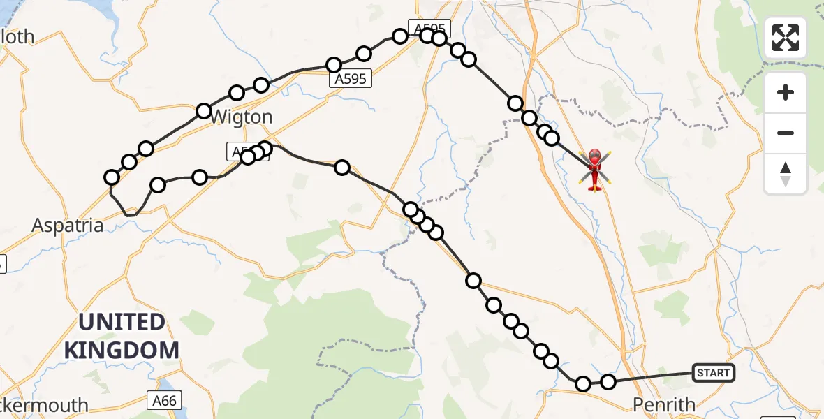 Flight path map showing Air Ambulance Helicopter route from Penrith to High Hesket