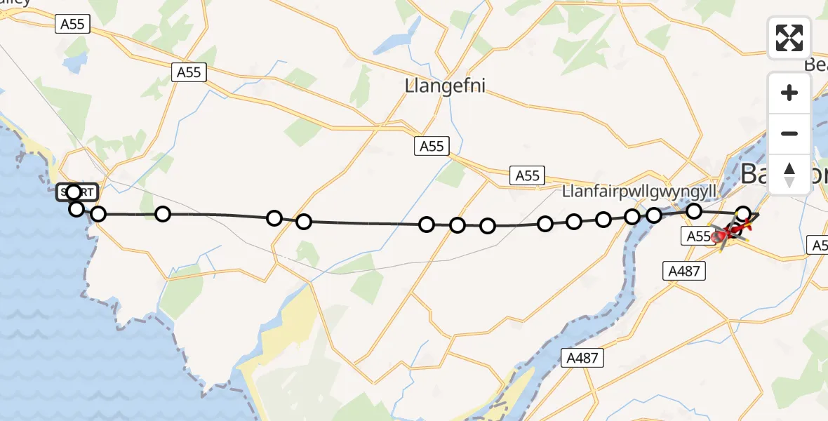 Flight path map showing Air Ambulance Helicopter route from Rhosneigr to Penrhos Garnedd