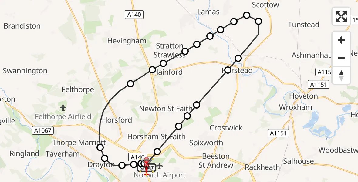 Flight path map showing Air Ambulance Helicopter route from Norwich Airport to Norwich Airport