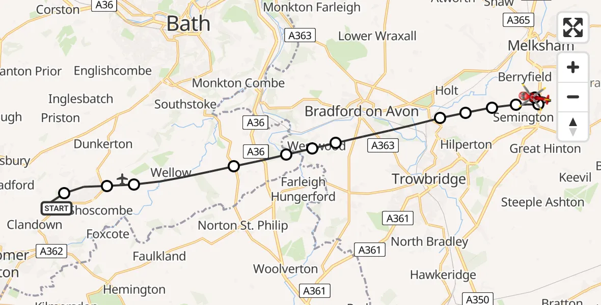 Flight path map showing Air Ambulance Helicopter route from Camerton to Wiltshire Air Ambulance