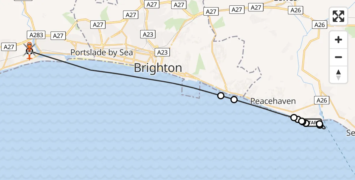 Flight path map showing Coastguard Helicopter route from Newhaven to Brighton City Airport