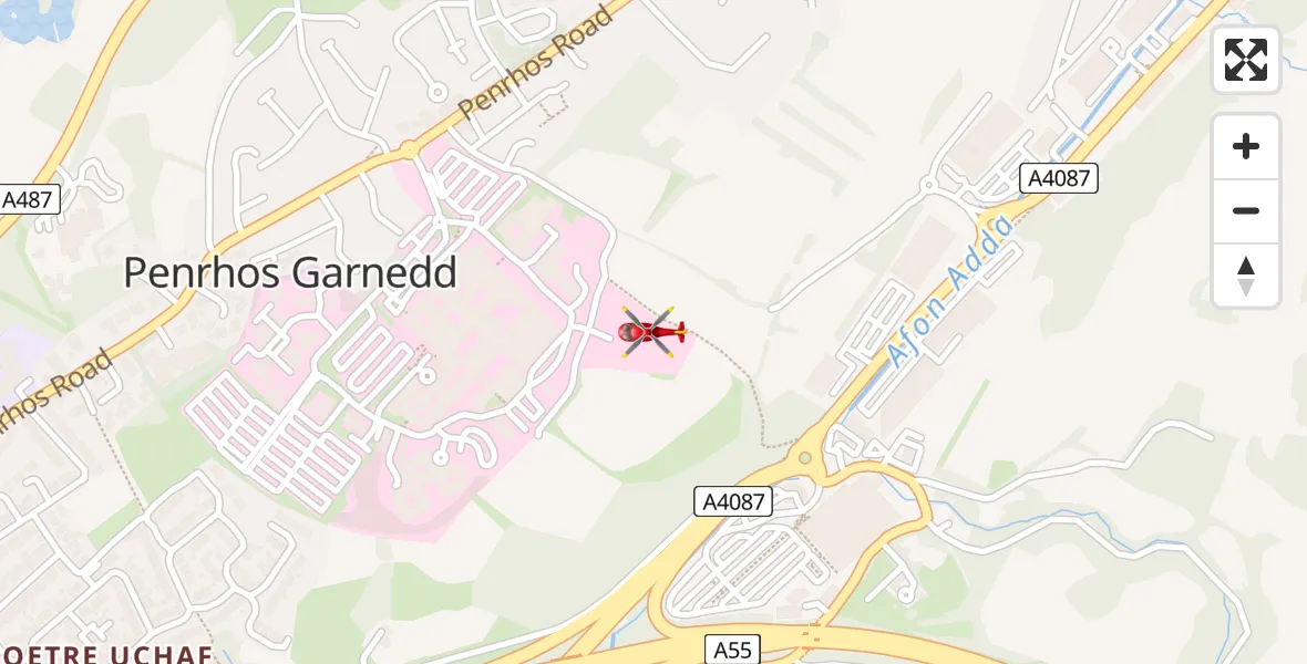 Flight path map showing Air Ambulance Helicopter route from Ysbyty Gwynedd Hospital Heliport to Ysbyty Gwynedd Hospital Heliport