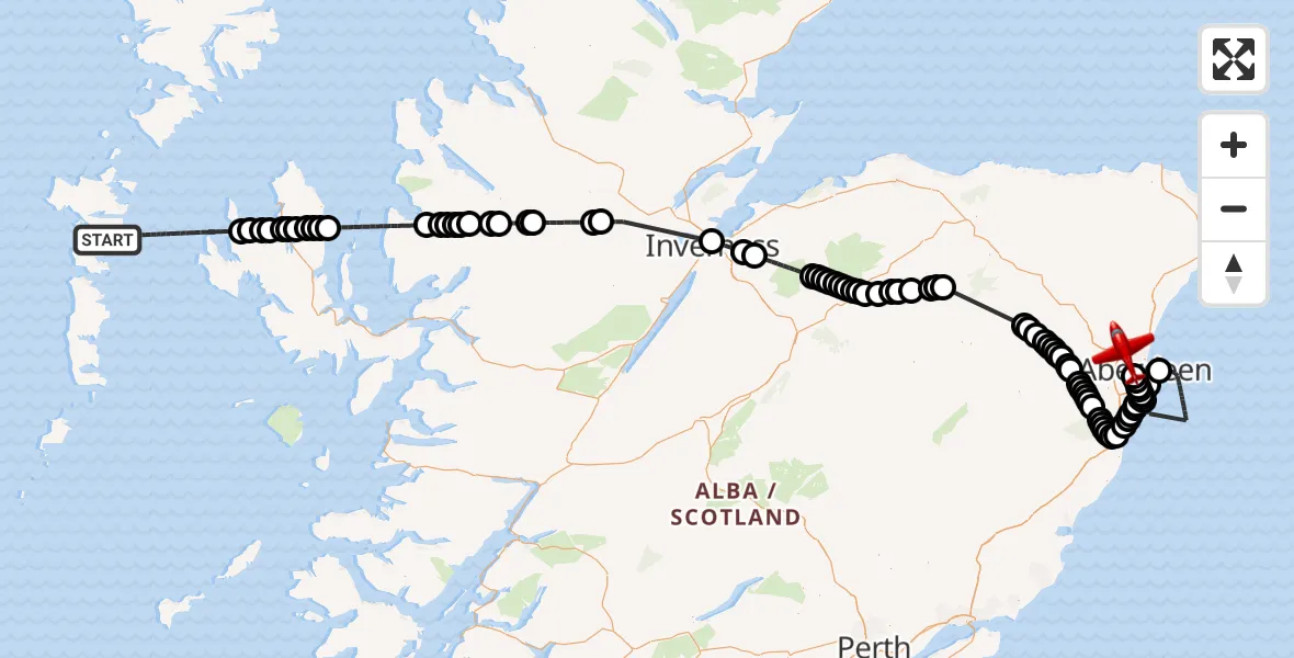 Flight path map showing Air Ambulance Aircraft route from Inner Seas to Aberdeen International Airport