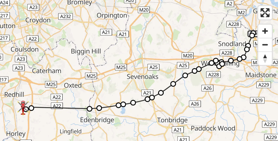Flight path map showing Air Ambulance Helicopter route from Rochester Airport to Redhill Aerodrome