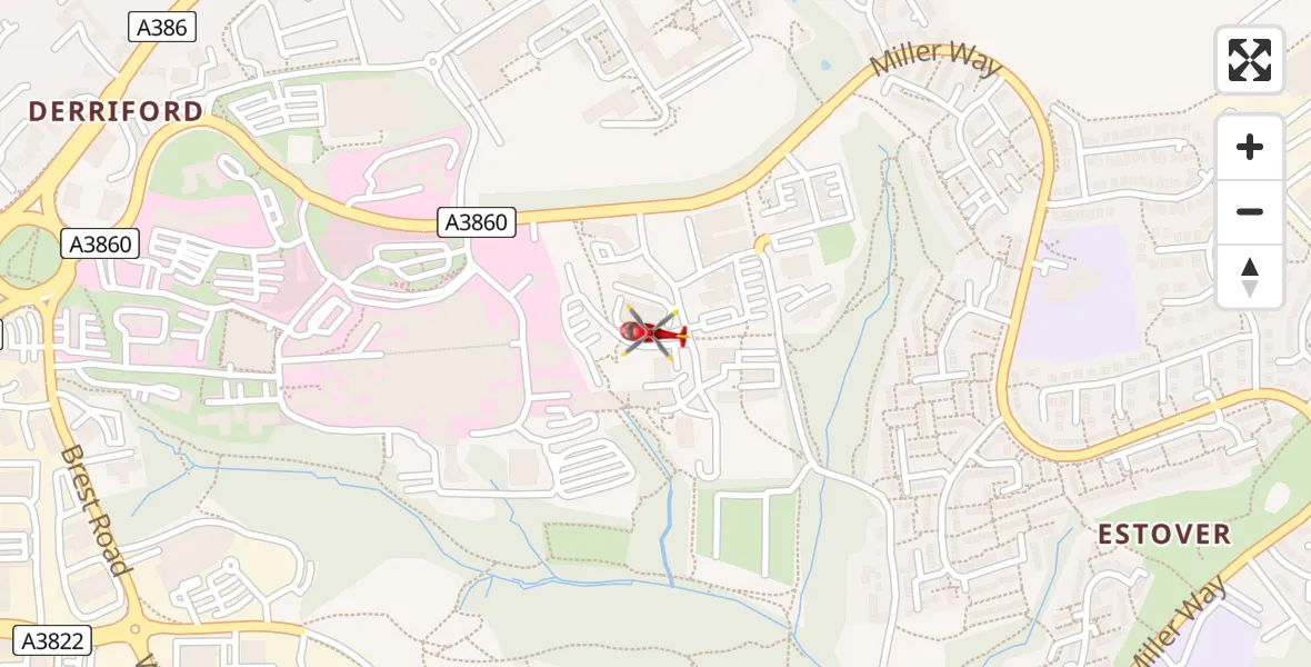 Flight path map showing Air Ambulance Helicopter route from Derriford Hospital to Derriford Hospital
