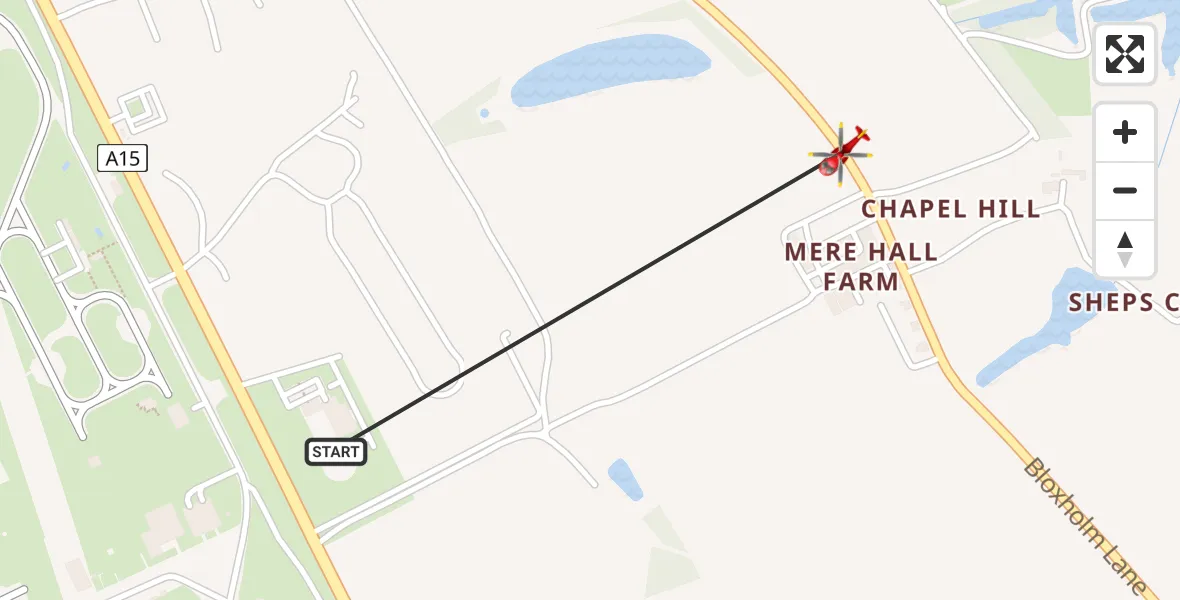 Flight path map showing Air Ambulance Helicopter route from RAF Waddington to North Kesteven