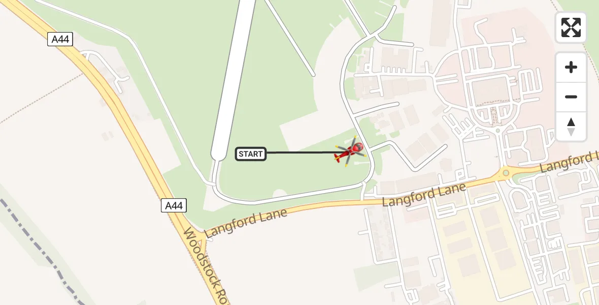 Flight path map showing Air Ambulance Helicopter route from London Oxford Airport to London Oxford Airport
