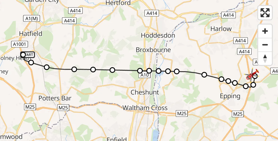 Flight path map showing Air Ambulance Helicopter route from Welham Green to North Weald Airfield