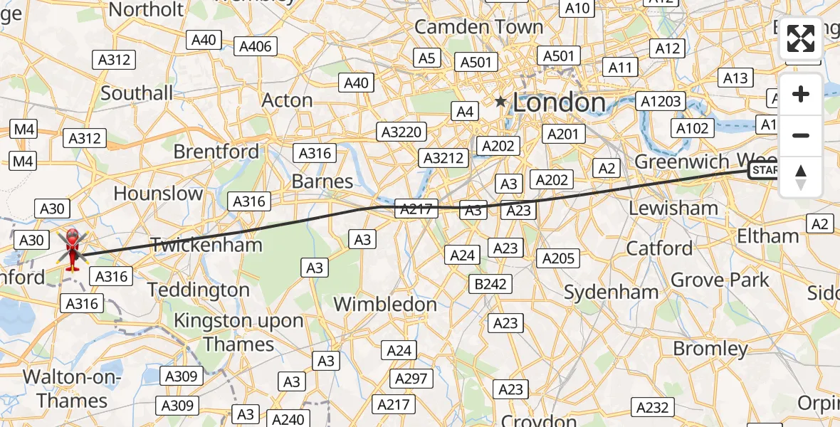 Flight path map showing Air Ambulance Helicopter route from Greater London to Greater London