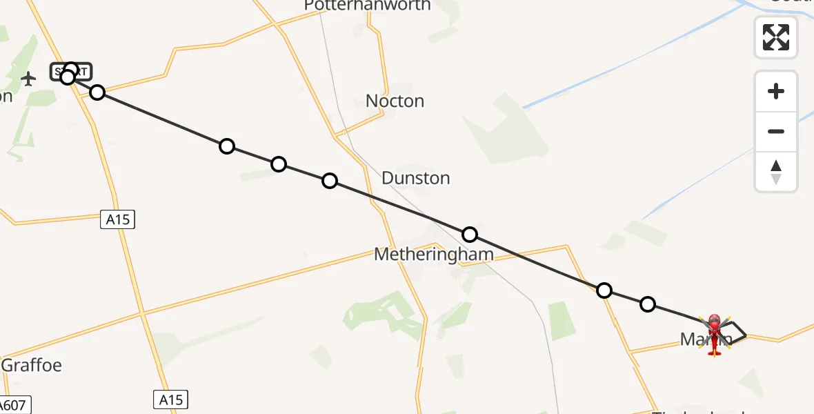 Flight path map showing Air Ambulance Helicopter route from RAF Waddington to Martin