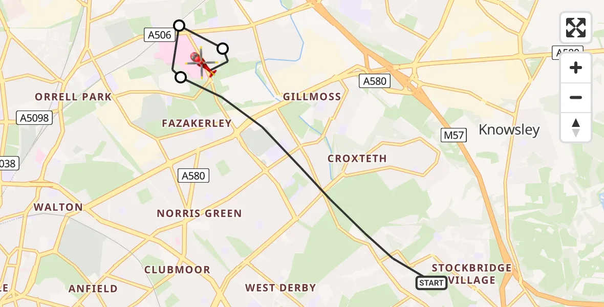 Flight path map showing Air Ambulance Helicopter route from Liverpool to Aintree University Hospital Heliport