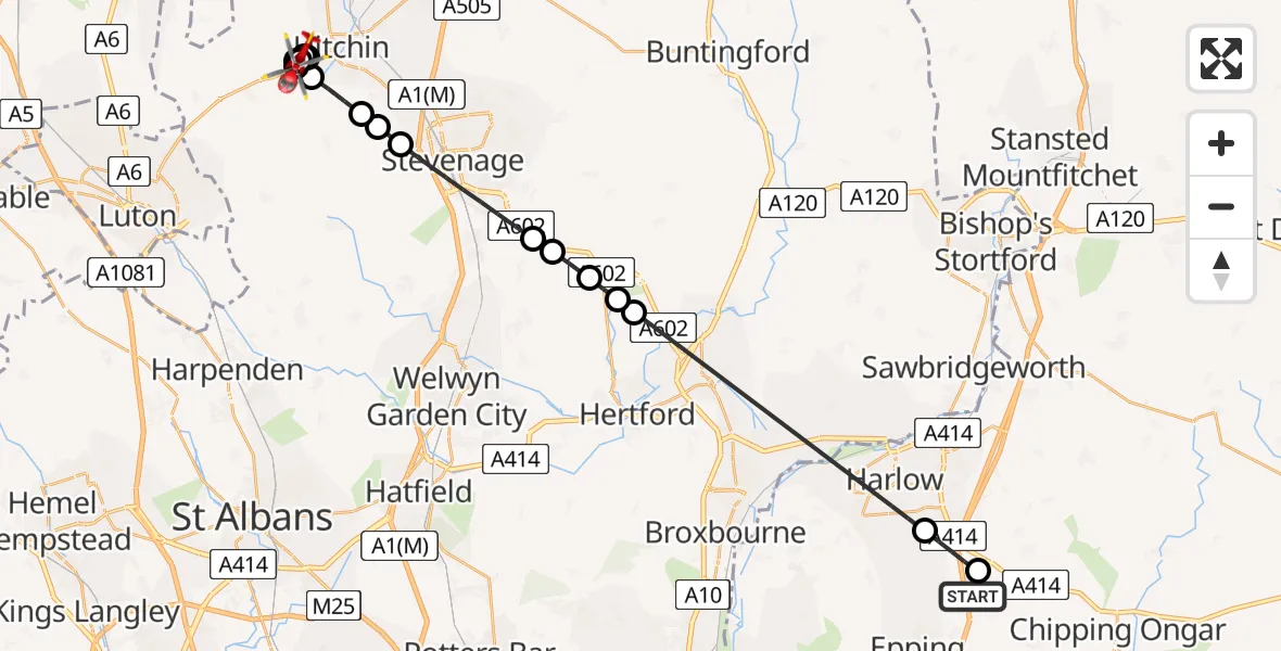 Flight path map showing Air Ambulance Helicopter route from North Weald Airfield to Offley