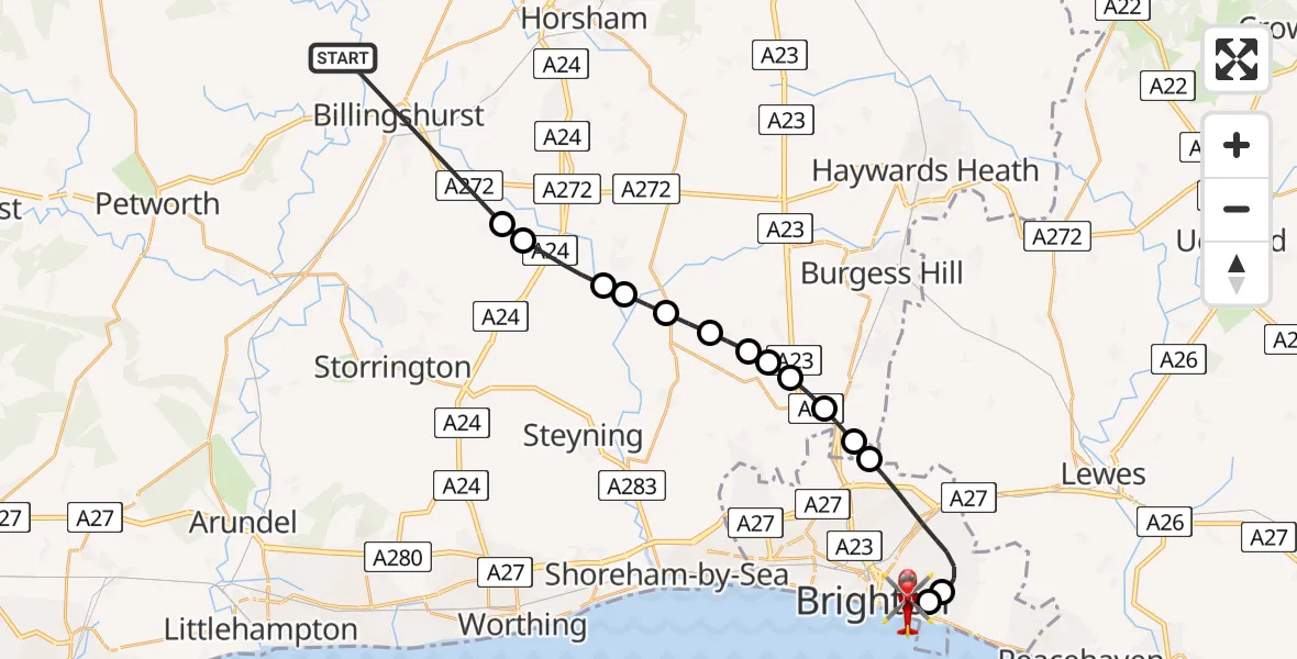 Flight path map showing Air Ambulance Helicopter route from Chichester to Brighton