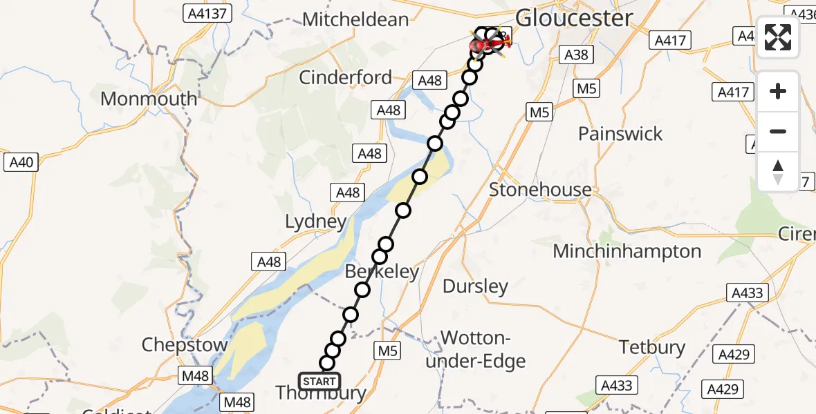 Flight path map showing Air Ambulance Helicopter route from Thornbury Castle Hotel Helipad to Stroud