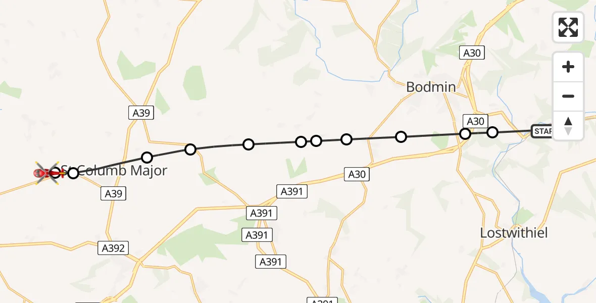 Routekaart van de vlucht: Air Ambulance Helicopter to Cornwall Airport Newquay