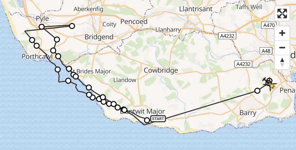 Flight path map showing Police Helicopter route from Boverton to Dinas Powys
