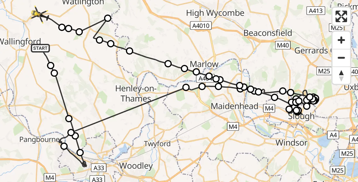Flight path map showing Police Helicopter route from South Oxfordshire to Ewelme