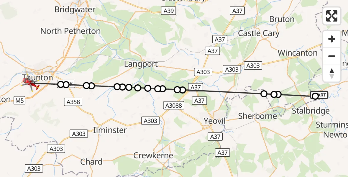 Flight path map showing Air Ambulance Helicopter route from Henstridge Airfield to Taunton