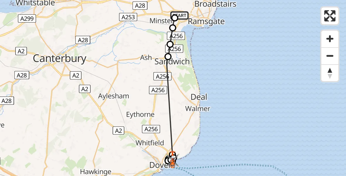 Flight path map showing Coastguard Helicopter route from Manston Airport to Langdon Battery Heliport