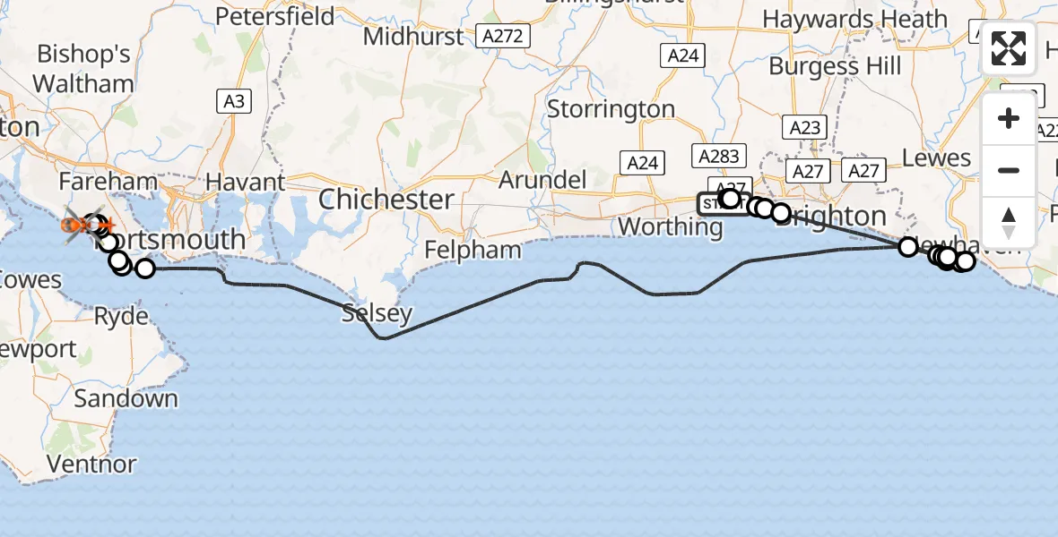 Flight path map showing Coastguard Helicopter route from Brighton City Airport to Solent Airport