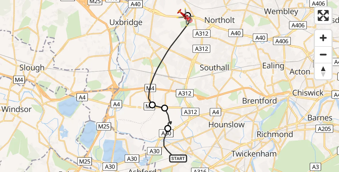 Flight path map showing Air Ambulance Helicopter route from Greater London to RAF Northolt