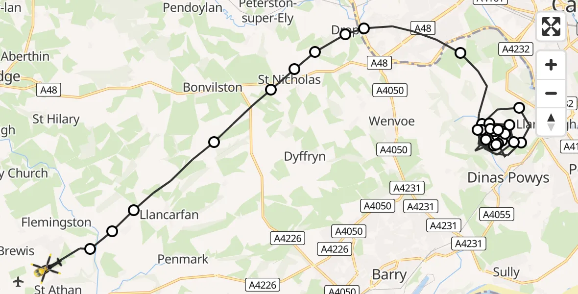 Flight path map showing Police Helicopter route from Michaelston-le-Pit to MOD St Athan