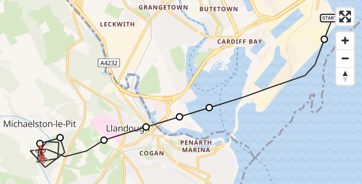 Flight path map showing Air Ambulance Helicopter route from Cardiff Heliport to Dinas Powys