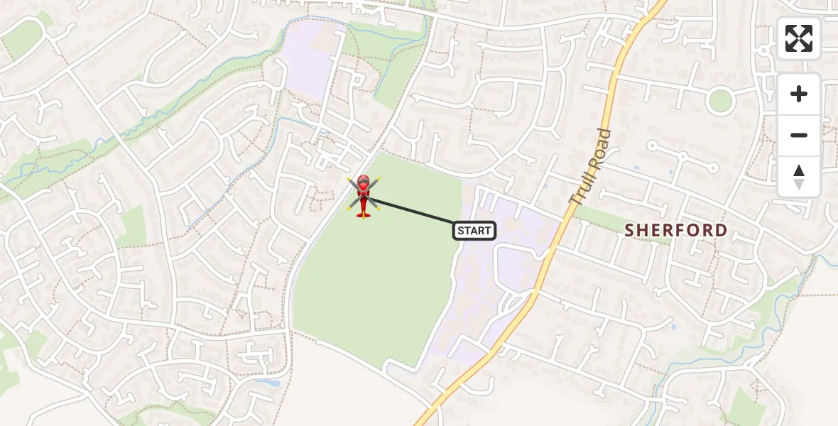 Flight path map showing Air Ambulance Helicopter route from Taunton to Taunton