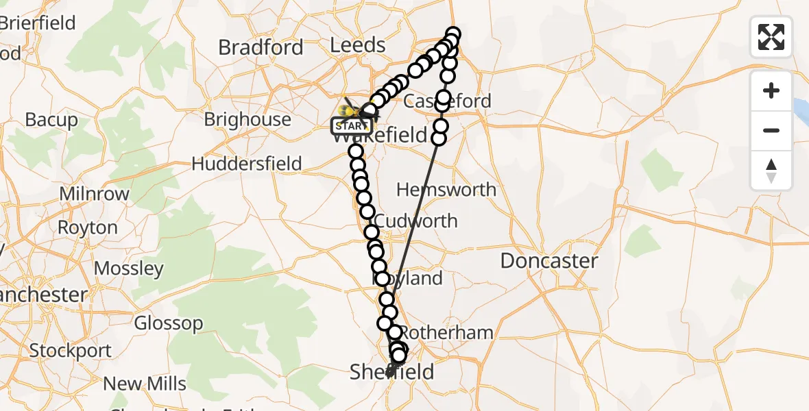 Flight path map showing Police Helicopter route from Ossett to East Ardsley