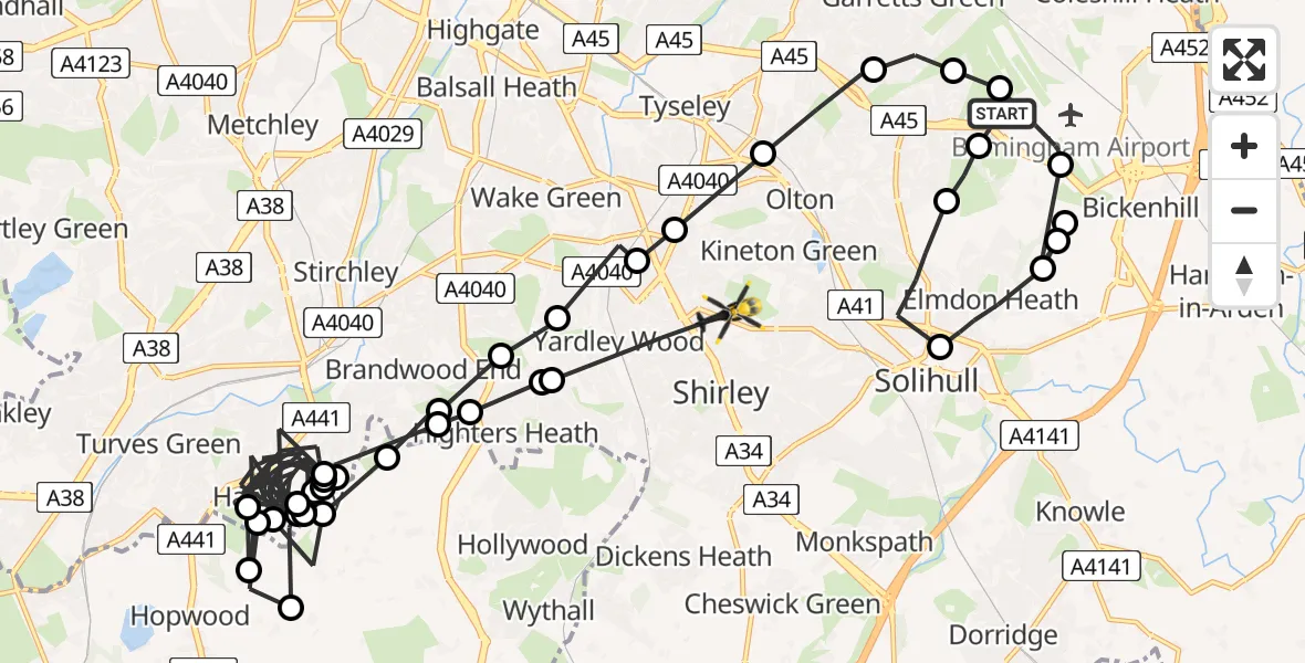Flight path map showing Police Helicopter route from Birmingham Airport to Shirley