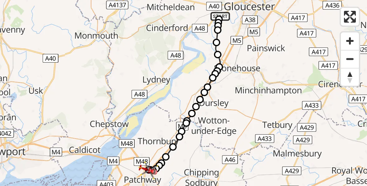 Flight path map showing Air Ambulance Helicopter route from Stroud to Almondsbury Helicopter Base