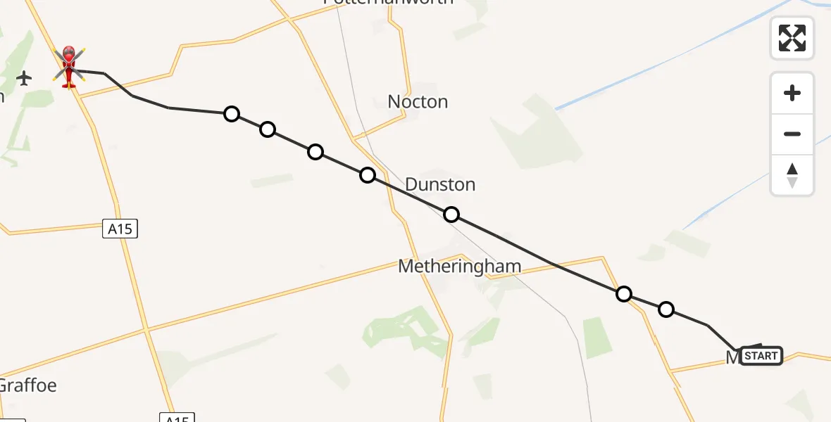 Flight path map showing Air Ambulance Helicopter route from Martin to North Kesteven