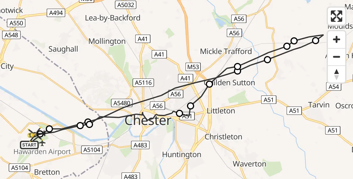 Flight path map showing Police Helicopter route from Hawarden Airport to Hawarden Airport