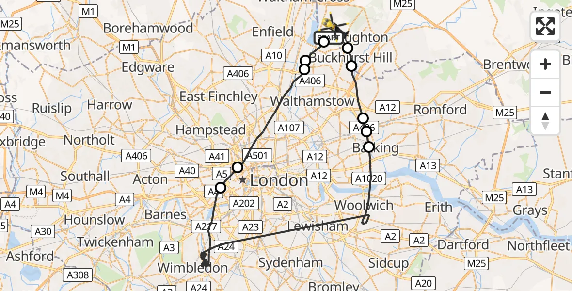 Flight path map showing Police Helicopter route from Sewardstonebury to Sewardstonebury