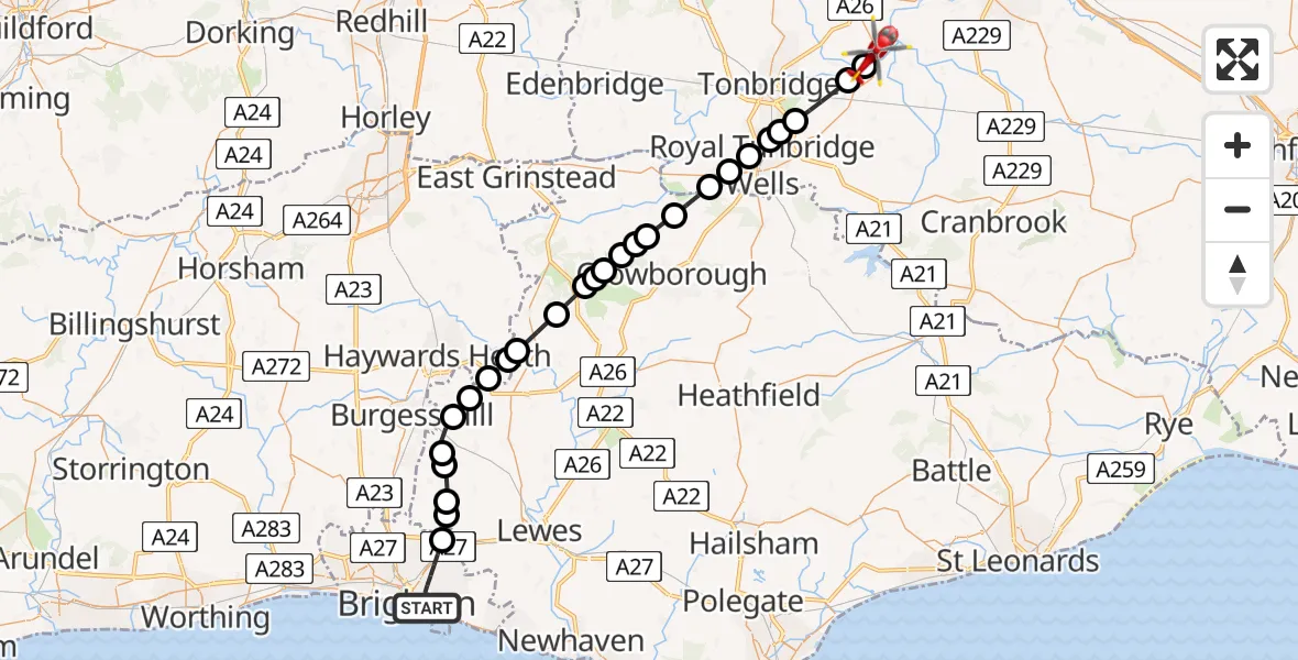 Flight path map showing Air Ambulance Helicopter route from Brighton to East Peckham