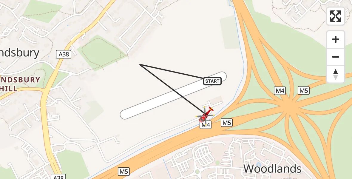 Flight path map showing Air Ambulance Helicopter route from Almondsbury Helicopter Base to Almondsbury Helicopter Base