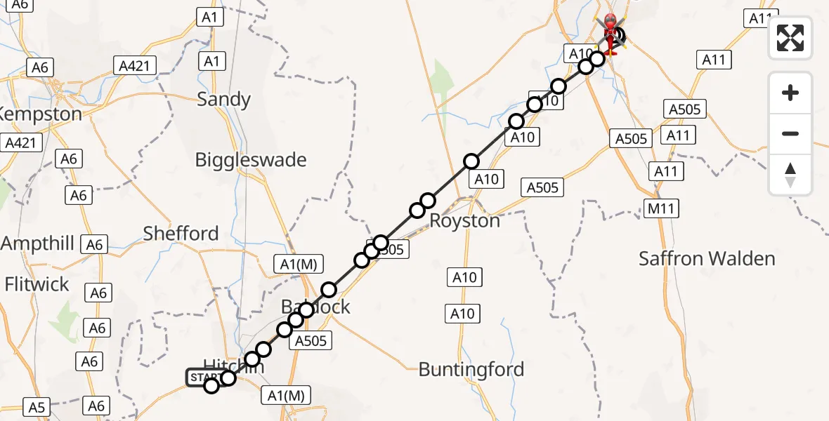 Flight path map showing Air Ambulance Helicopter route from Offley to Papworth Hospital