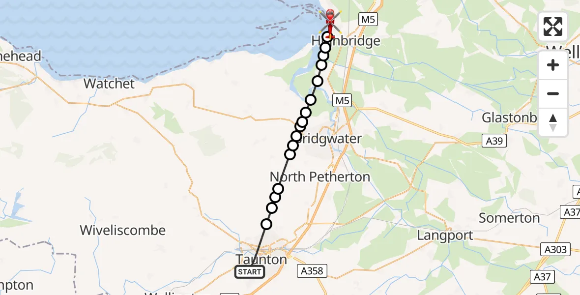 Flight path map showing Air Ambulance Helicopter route from Taunton to Burnham-on-Sea