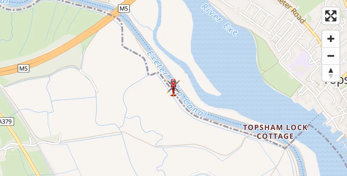 Flight path map showing Air Ambulance Helicopter route from Topsham to Topsham